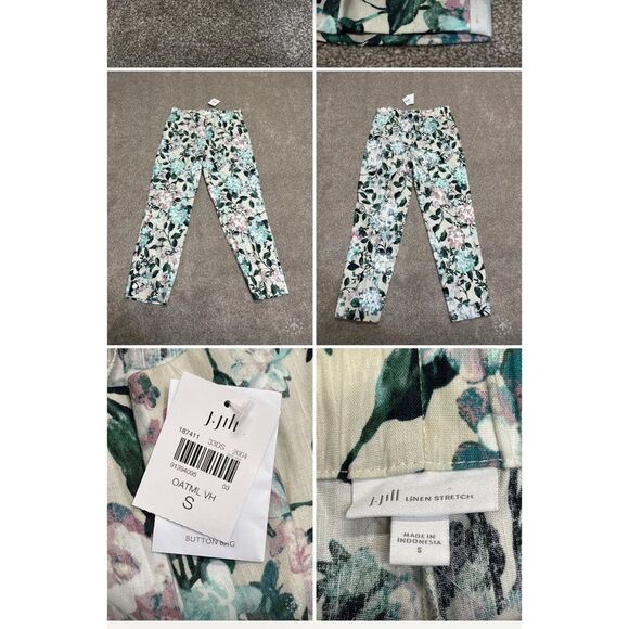 J. jill womens oatmeal floral linen stretch pants sz small side zipper elastic - Picture 1 of 12